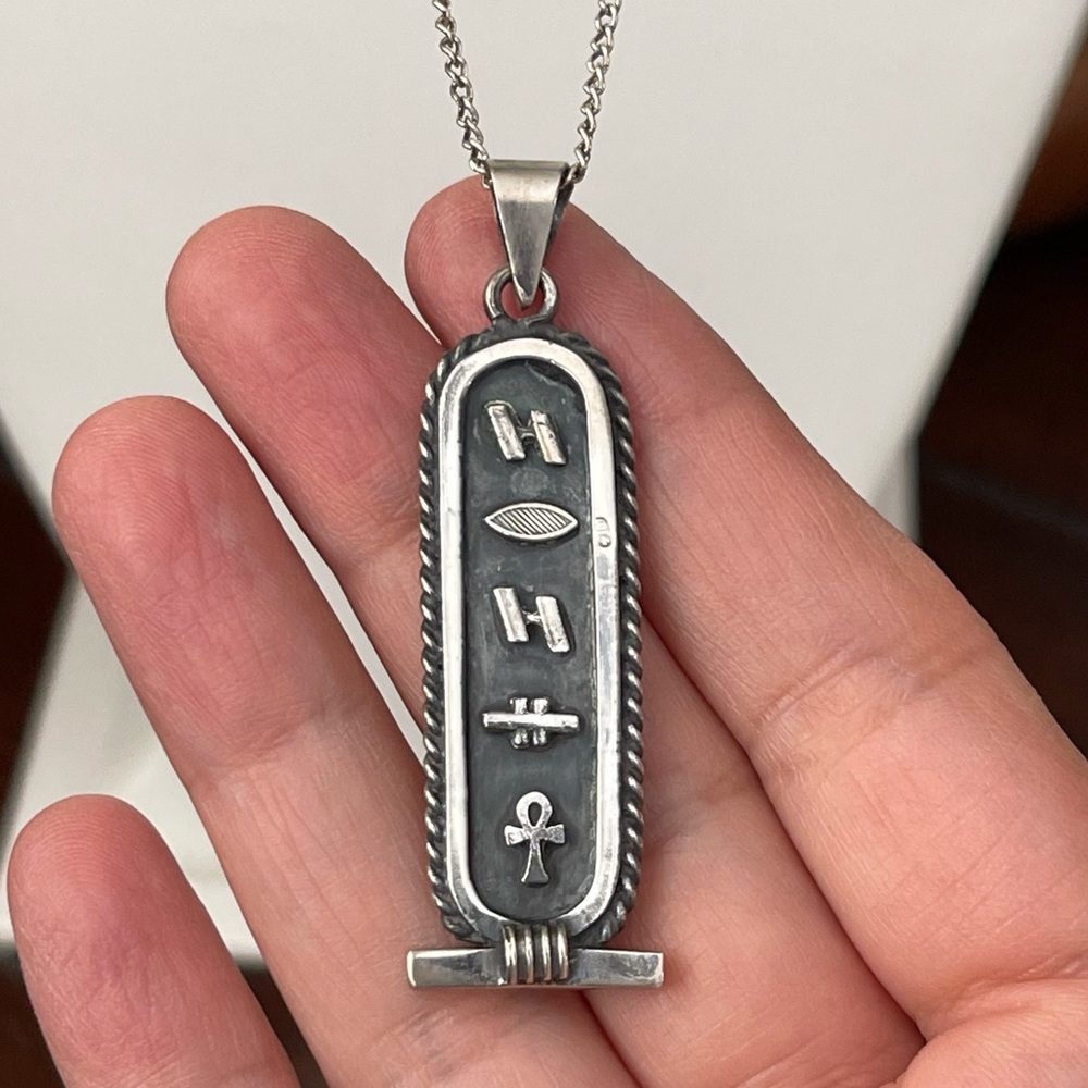 Large Egyptian Solid Silver Cartouche Pendant And… - image 1